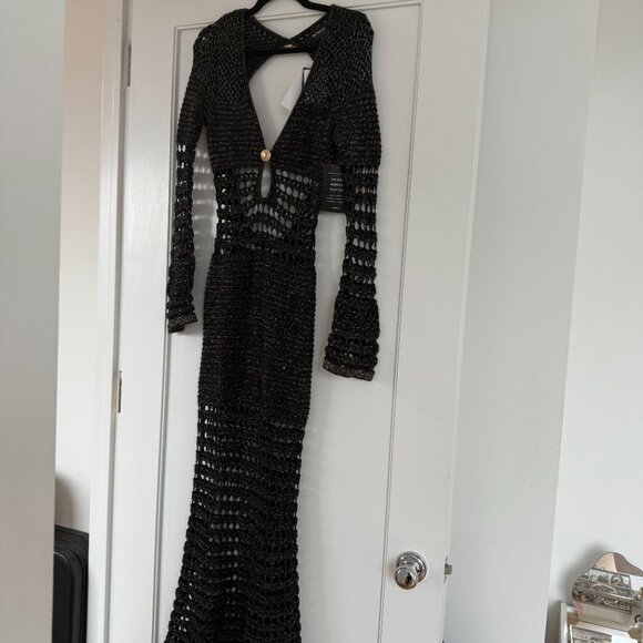 NWT Retrofête Elvana Knit Crochet Maxi Dress In Black Sz Small Open Back V-Neck - Picture 5 of 11